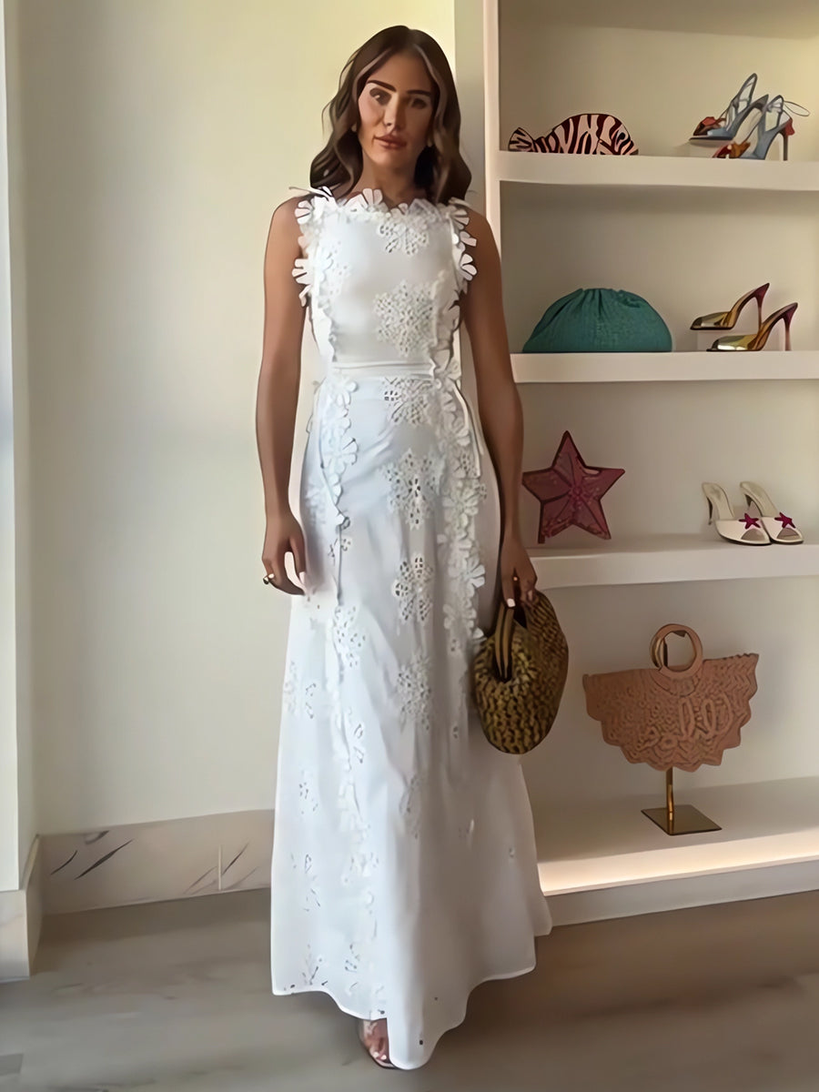 Éliora | Abito lungo con spalline annodate e motivo floreale in pizzo